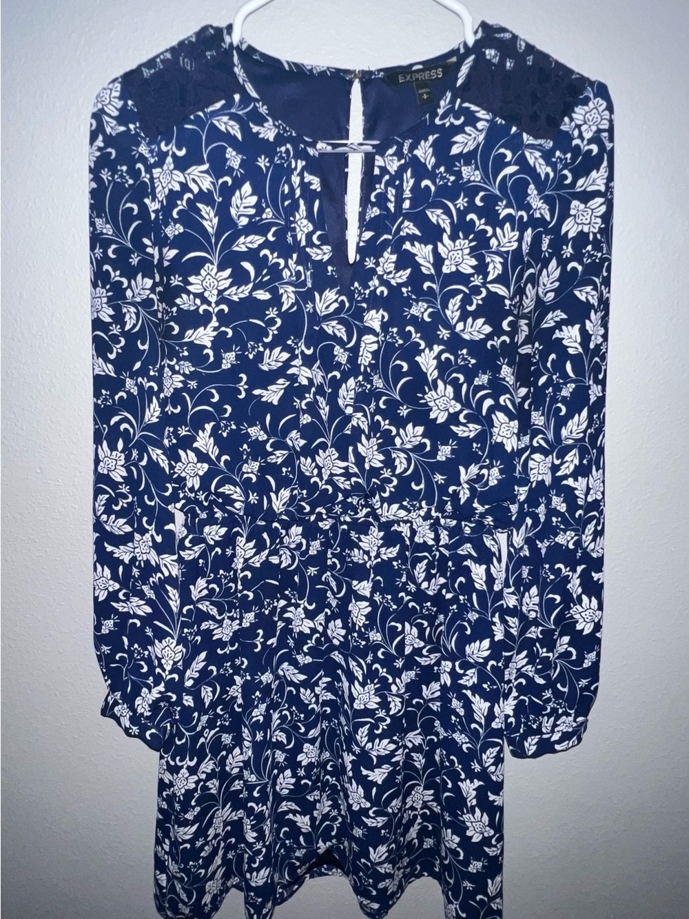 Express Navy Floral Long-Sleeve Dress with White Print